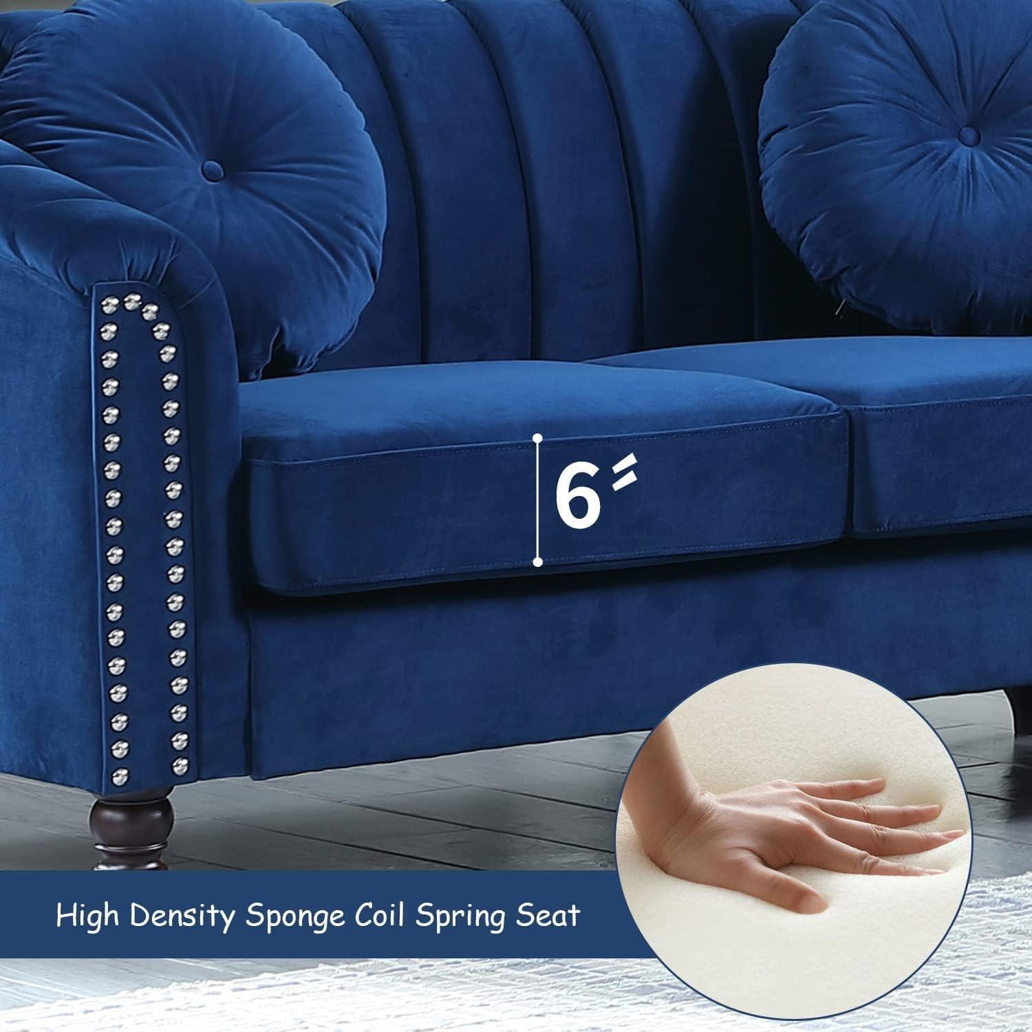 Gewnee Chesterfield Velvet Sofa Couch with Nailhead Trim and 2 Pillows for Living Room,Blue