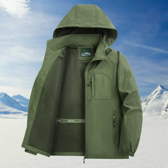 POROPL Rain Jacket Men Hooded Zipper Outdoor Windbreaker Jacket with Pockets