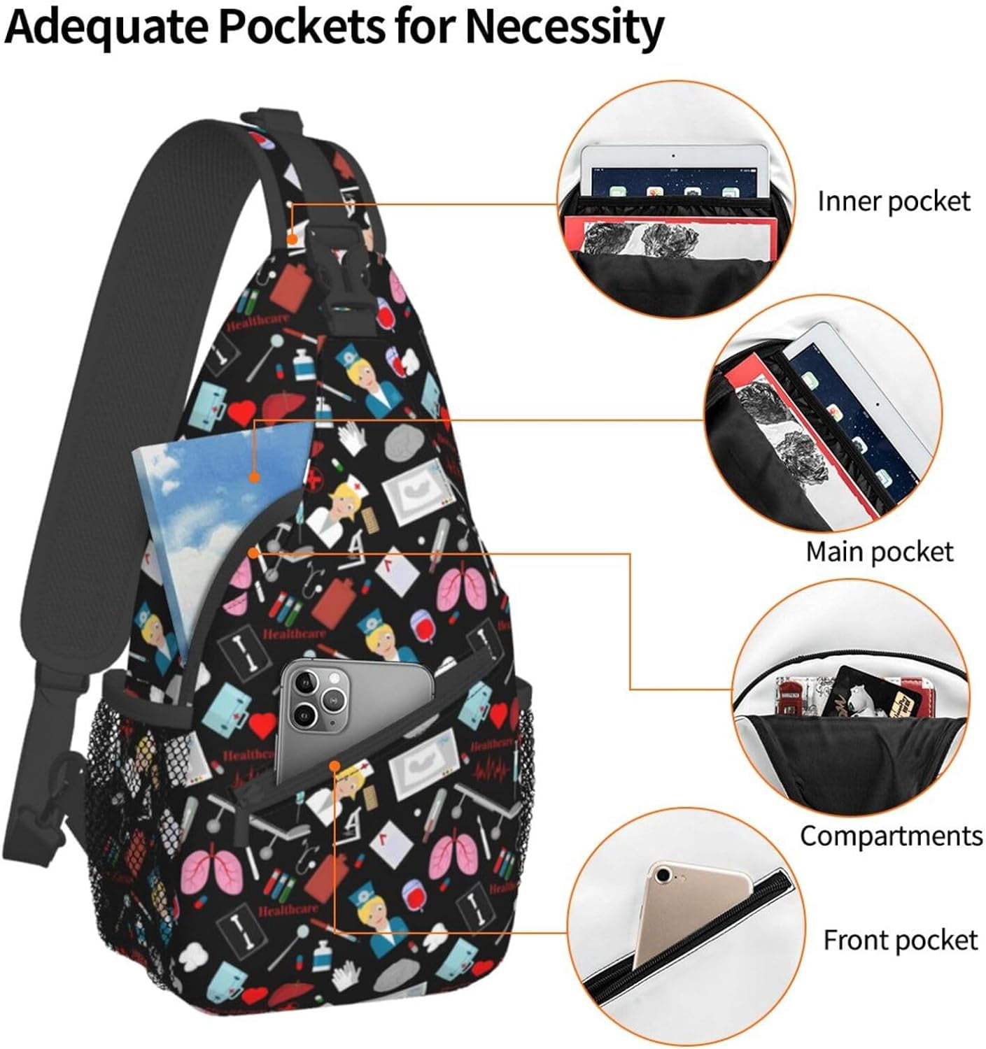 Nurse Medical Theme Sling Bag Crossbody Hiking Travel Chest Bags Backpack Shoulder Daypack for Women Men