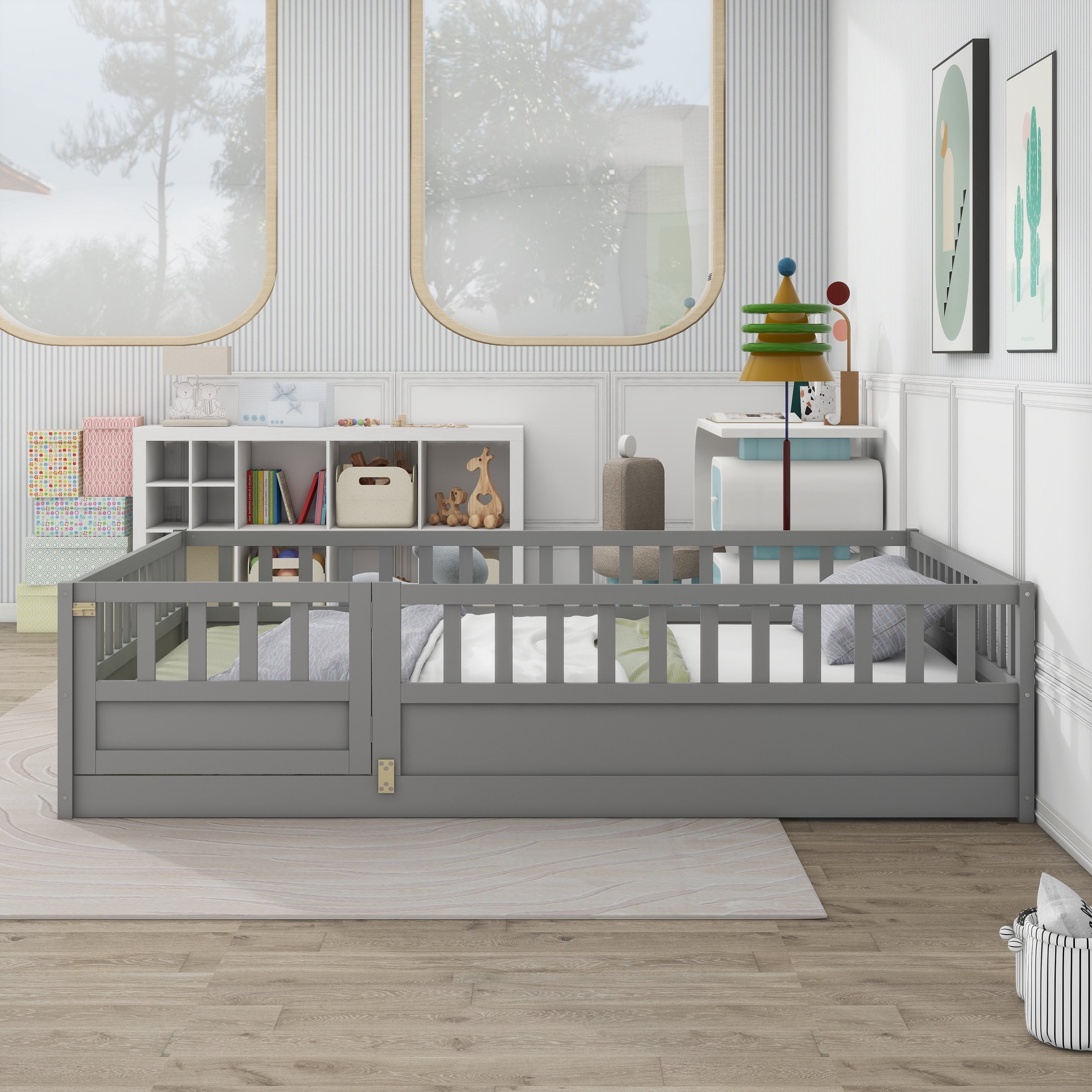 Noble House Full Size Montessori Floor Bed with Safety Guardrails and Door, Wood Kids Bed Frame, Gray