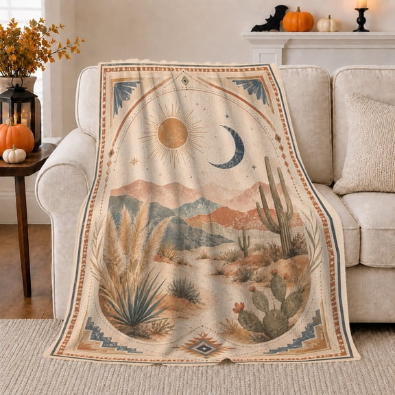 Southwestern Desert Arch Cactus Art, Peaceful Mountain Lake Scene, Warm Flannel Blanket for Cabin and Lodge with Detailed Artwork, Outdoor Lovers Camping Gift, Artistic Home Decor