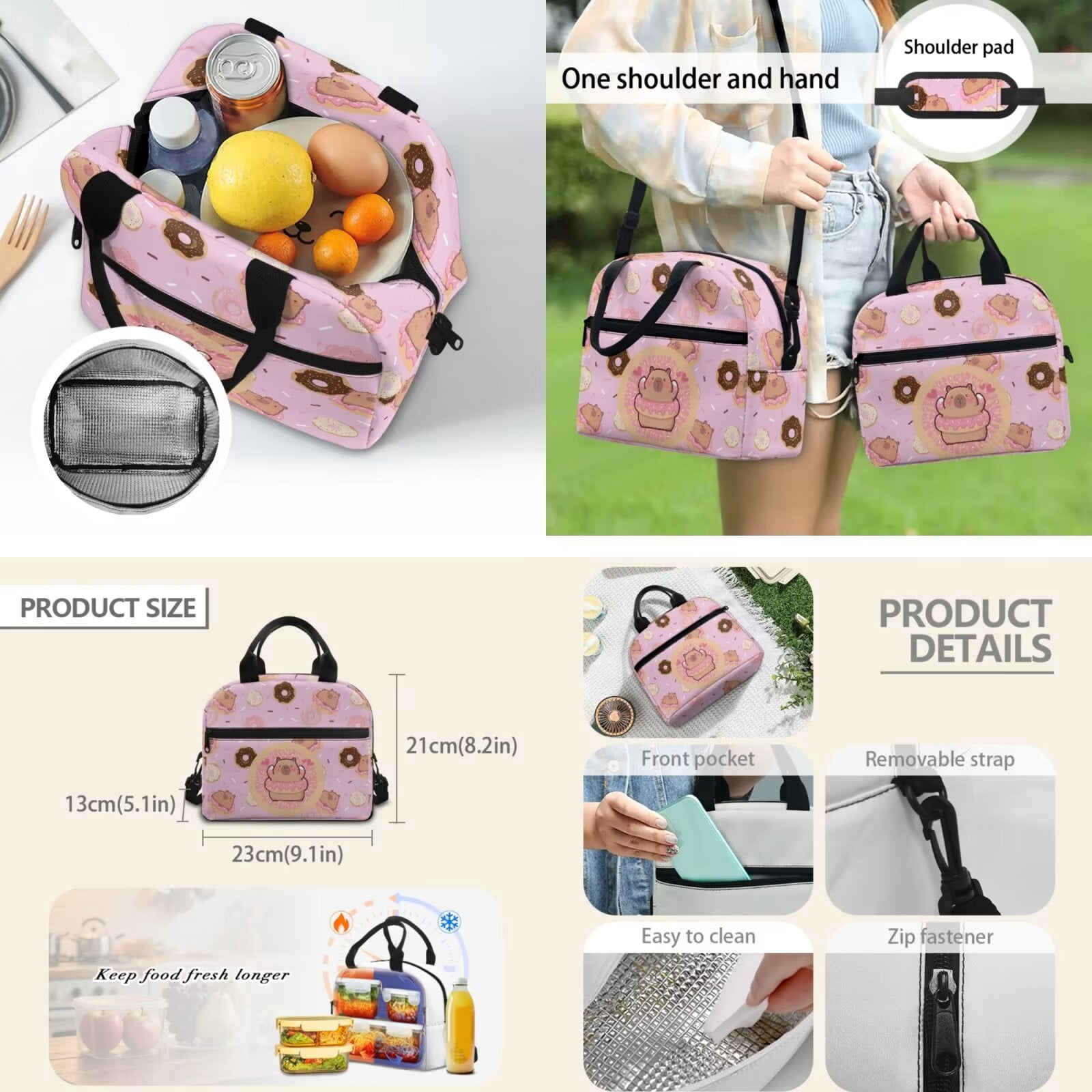 Pzuqiu Bee Capybara School Backpack for Boys 17 Inch Back Pack for School Girls with Lunch Box Pencil Case 2pcs Bookmark,4 Pcs Rucksack Travel Bag for Kids 8-12 Christmas Gifts