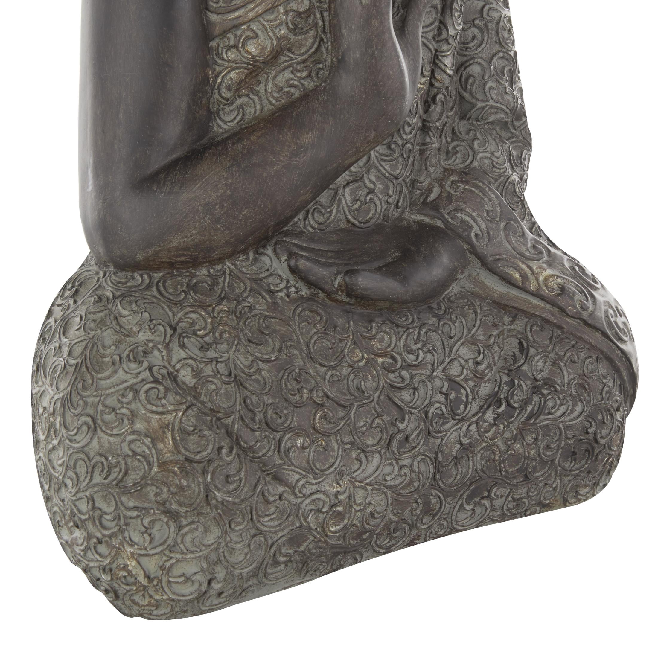 11" x 21" Brown Polystone Meditating Buddha Sculpture with Engraved Carvings and Relief Details, by DecMode