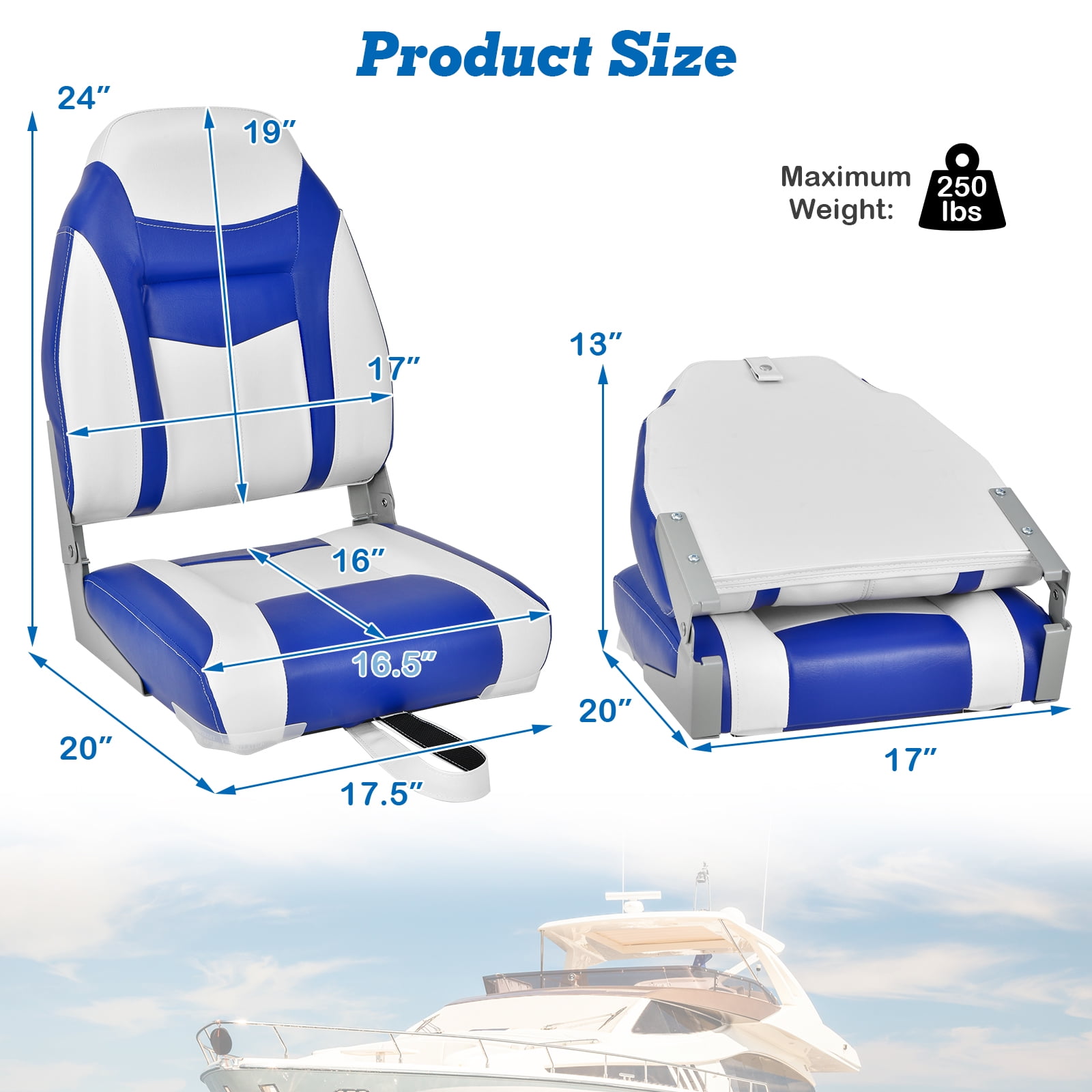 Costway 2-Pack High Back Folding Boat Seats - Black/Grey, With Sponge Cushion & Flexible Hinges, 250lb Capacity Each-790978