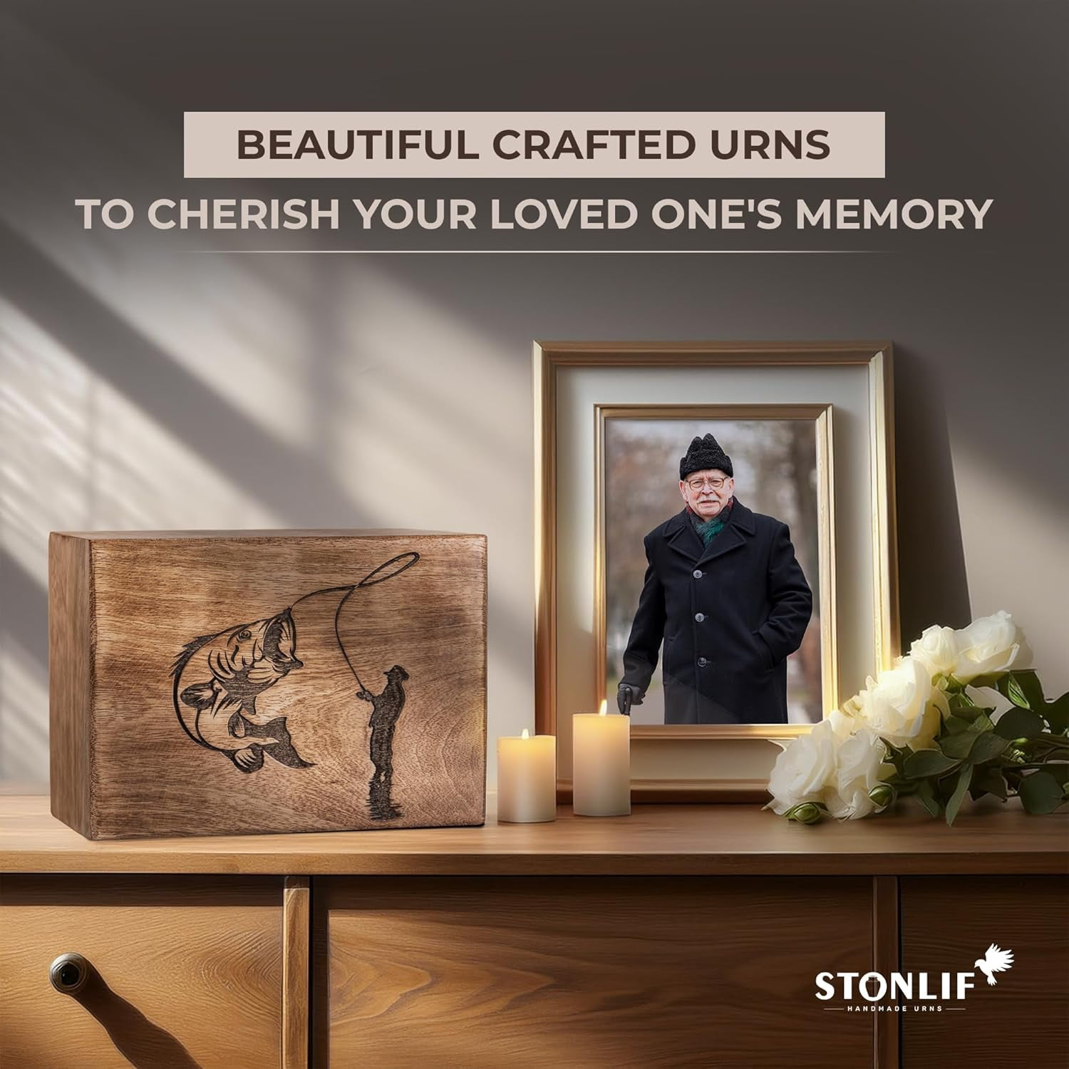 Cremation Urns for Human Ashes - Fishing Wooden Box and Casket for Men, Women and Child Ashes - Funeral Memorial Burial Urn for Cat Dog Pet Ashes - Small (36 Cu/in)