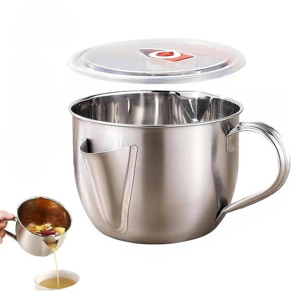 Stainless Steel Oil Skimmer & Fat Reducer Bowl, Healthy Cooking Grease Separator Cup with Strainer Lid, Multi-use Soup Filter for Keto Bone Broth