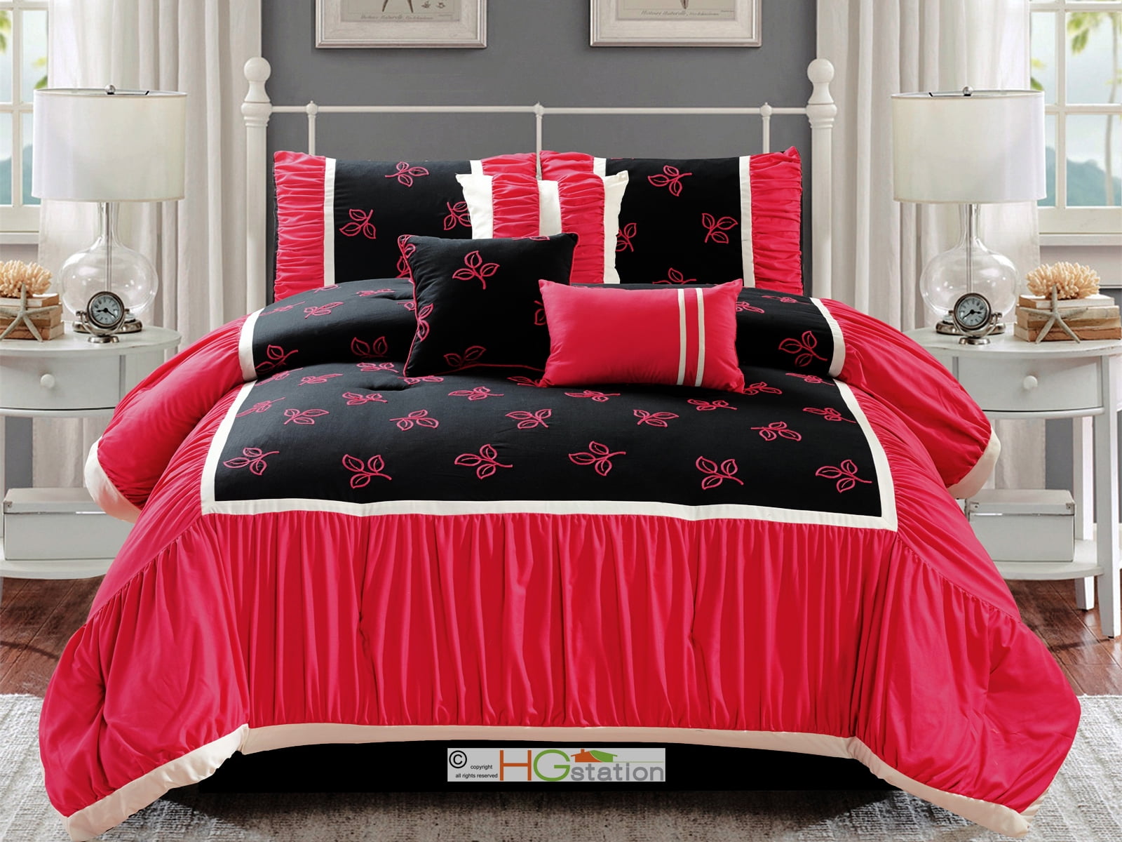 11Pc Darci Ruched Embroidery Tripartite Leaves Comforter Curtain Set