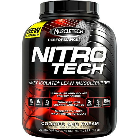 Nitro Tech Ingredients - MuscleTech Performance Series Nitro Tech Lean Musclebuilder Active Sports Nutrition Dietary Supplement, Cookies and Cream, 4 lbs