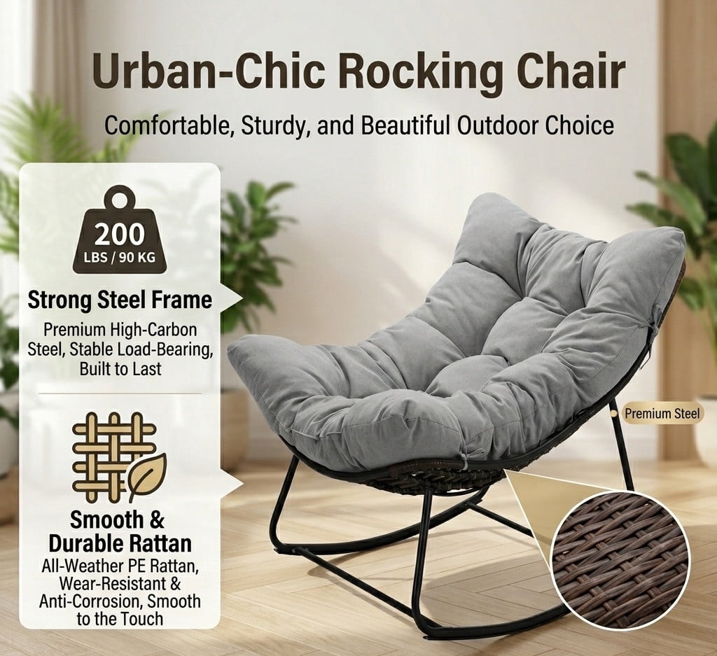 Papasan Patio Rocking Chair, Indoor/Outdoor Use Armless Wicker Recliner Chair
