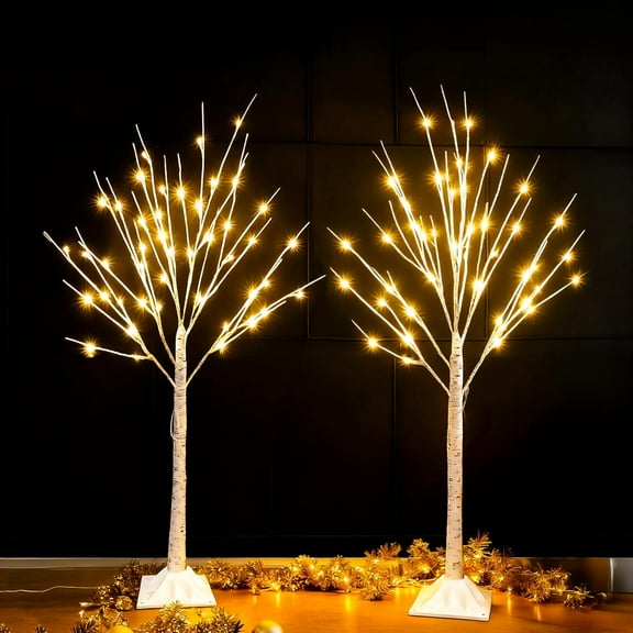 2 Pack Lighted Birch Tree, 4 FT Total 96 LED Pre-lit Artificial Christmas Tree with Timer, Christmas Decorations Indoor Outdoor for Home Garden Party Thanksgiving Decor, Warm White