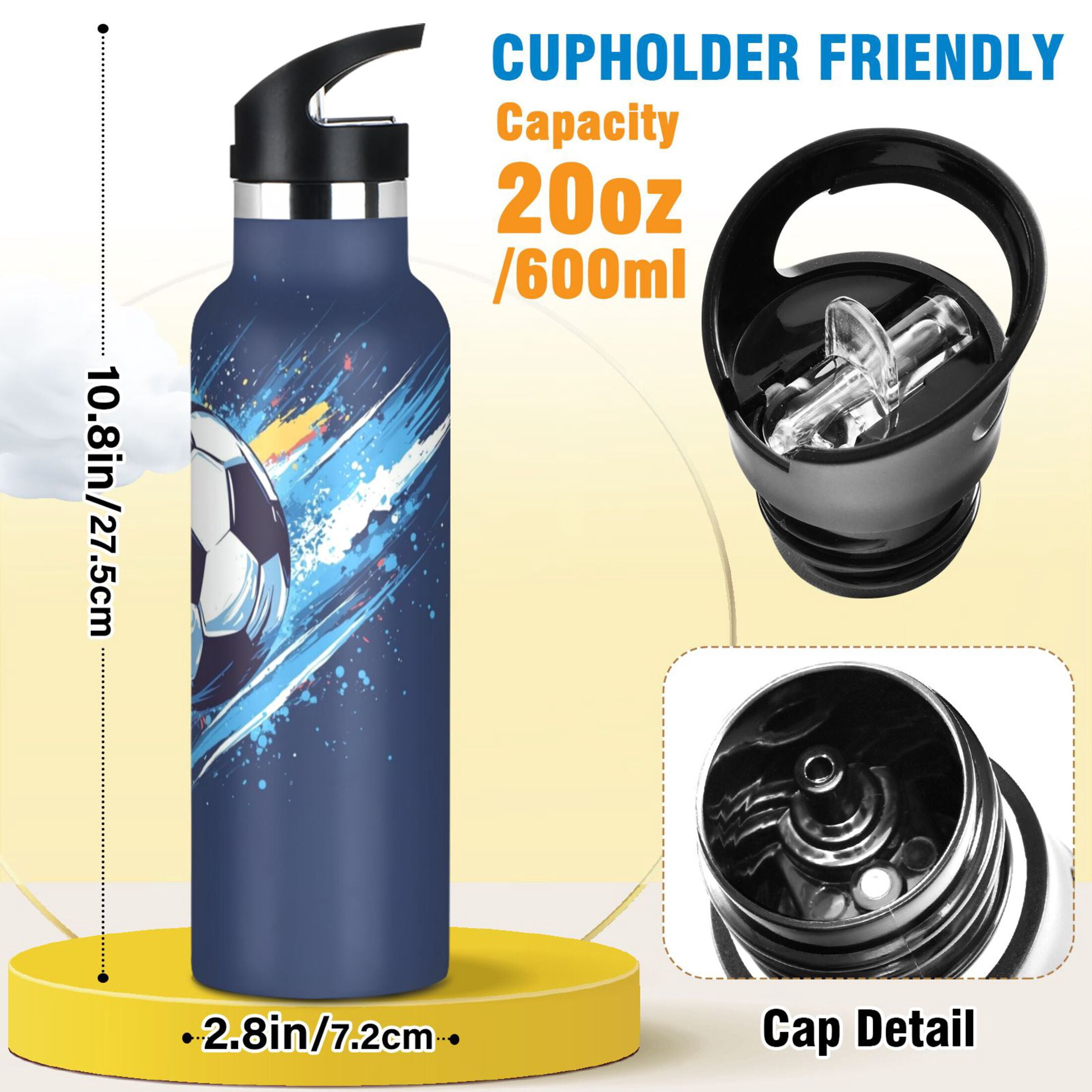 Kids Insulated Stainless Steel Sports Water Bottle 600ml (20oz) Soccer Ball in Space