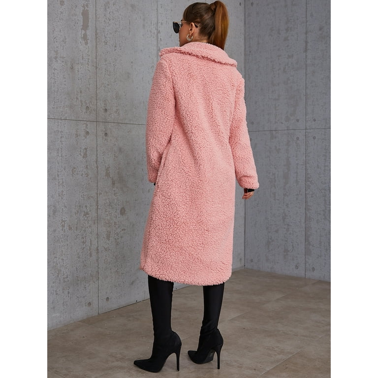 Eilly Bazar Pink Teddy Coat for Women Long Sleeve Female Double