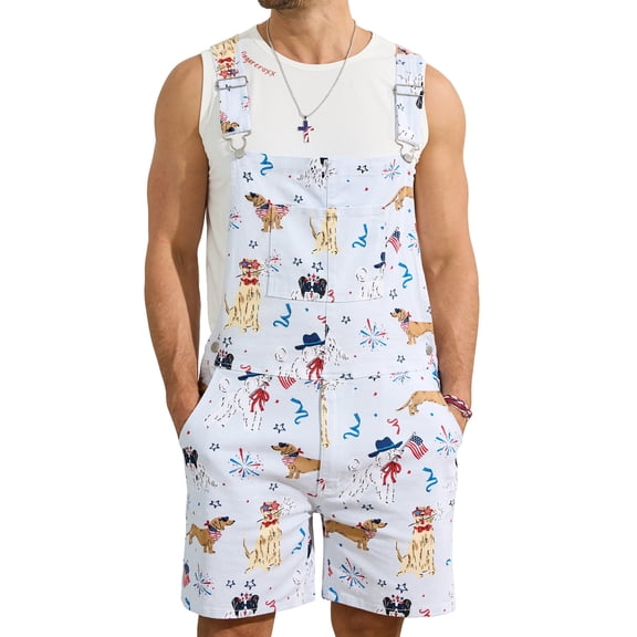Yuanbang Mens Overalls Shorts Romper Festival Jumpsuits Work Bibs Coveralls 4th of July Outfits(Dog Print,L)