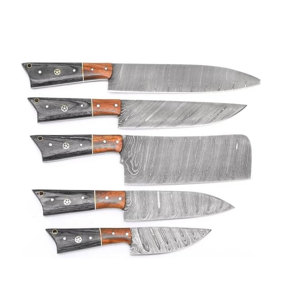 5-Piece Kitchen Knife Set, Handforged Damascus Steel, Ergonomic Wooden Handles
