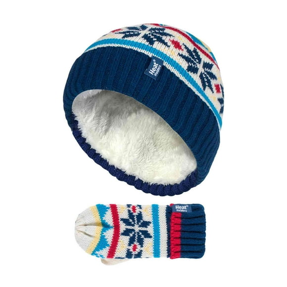 Heat Holders - Kids Boys Winter Knitted Thermal Fleece Lined Cuffed Beanie Hat and Mittens Set