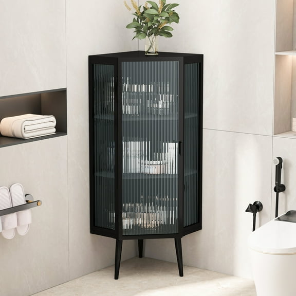 21.72'' Floor Cabinet - Black. Stylish For Bedroom. Tempered Glass & Metal. Robust Structure. Meets Multiple Storage Demands. Easy Installation Black Cabinet. For Different Rooms. Stylish, ,
