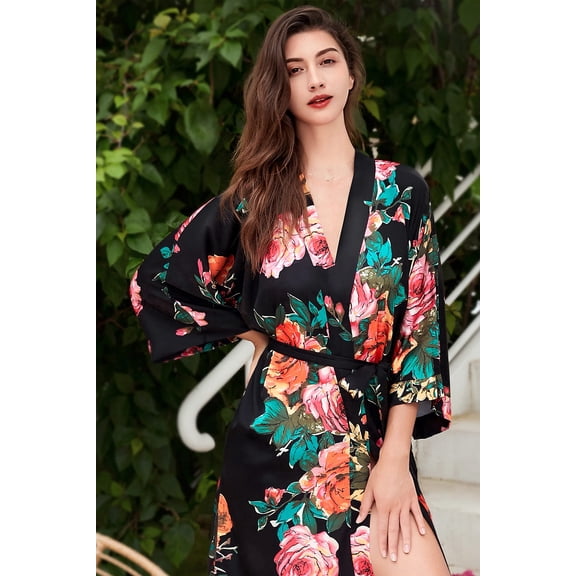 BABEYOND Women's Kimono Robe Long Satin Silky Floral Lightweight Bridesmaid Wedding Bachelorette Party Robe