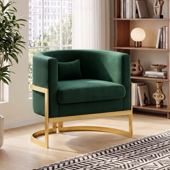 Andeworld Modern Upholstered Velvet Accent Chair Wide Arm Chair for Living Room Bedroom Leisure Chair Barrel Chair Green with Gold Legs