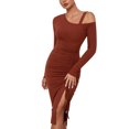 thumbnail image 1 of Gibobby Vestidos de suéter anchos Vestido ajustado elegante de color liso con manga larga y abertura en los hombros para mujer, perfecto para otoño/invierno(Marrón,G), 1 of 4