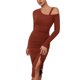thumbnail image 1 of Gibobby Vestidos de suéter anchos Vestido ajustado elegante de color liso con manga larga y abertura en los hombros para mujer, perfecto para otoño/invierno(Marrón,XL), 1 of 4
