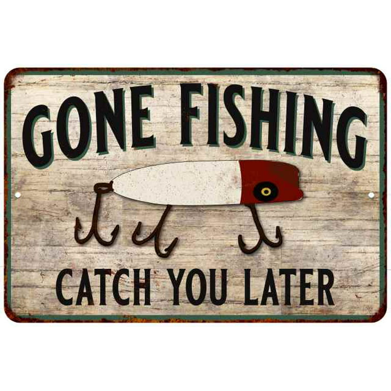 Vintage Gone Fishing Metal Sign Animal Fish Cute Dog Tin Signs