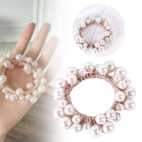 Bradem White Pearl Hair Scrunchies - Elastic Beaded Hair Ties, Ponytail Holders for Women & Girls
