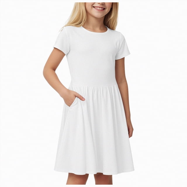 gdxvjhbj Robes d'Été pour Filles Décontractées Robe d'Été pour Filles Col Carré Manches Courtes Taille Croisée Robe Trapèze Décontractée Mini Taille 9-10 (Blanc, 9-10 Ans)