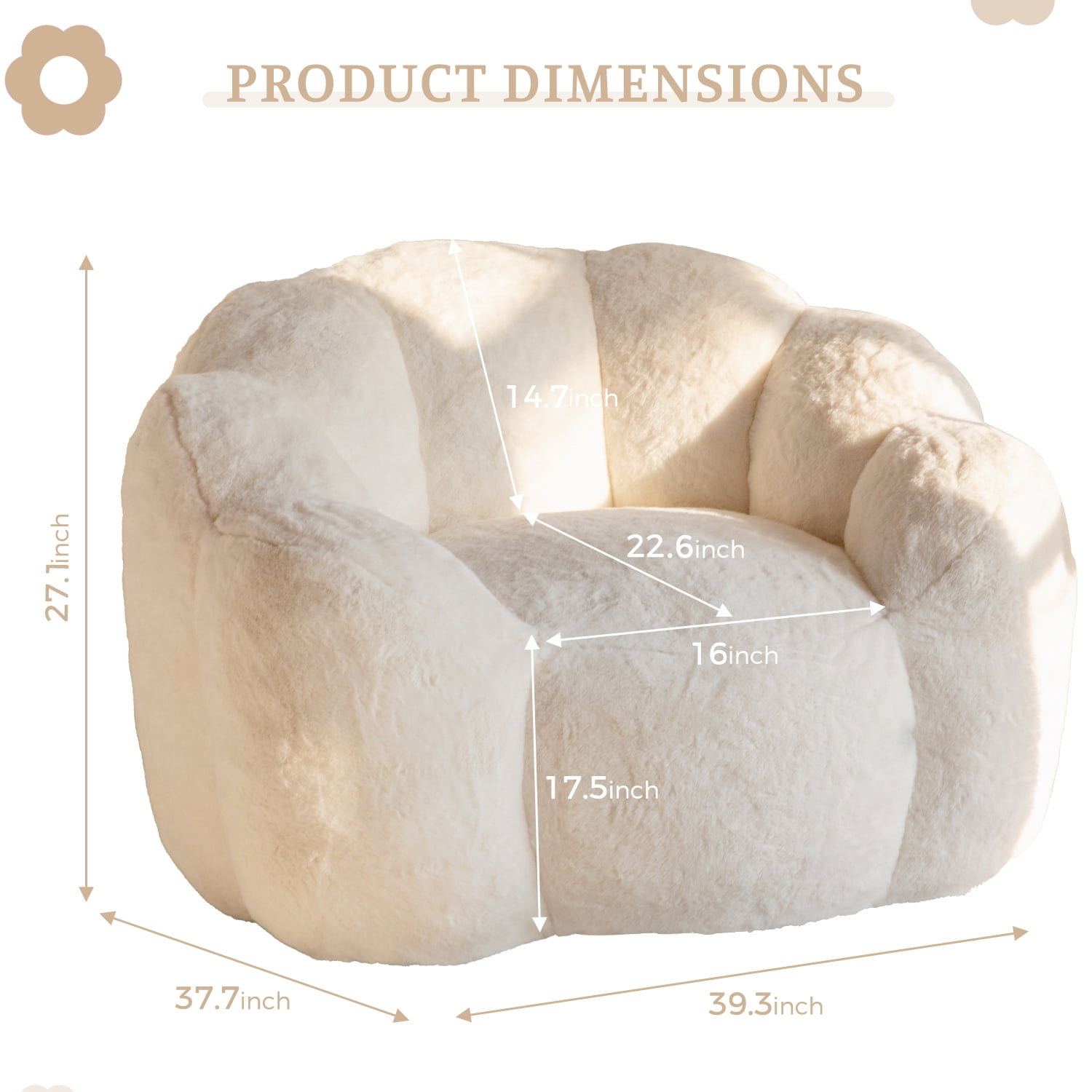 GOODONE Adult Bean Bag Chair,Flower Shaped Bean Bag Sofa,Super Soft Plush Reading Chair,High Elasticity Lazy Sofa,Suitable for Living Room and Bedroom,No Assembly Required,Beige,Single