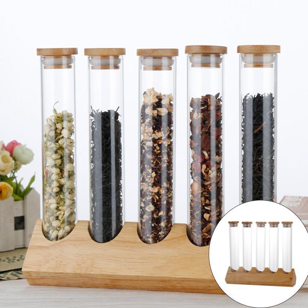 Recipiente de Cereales Creativos Tubos de con Soporte de Madera Estante de Especias para Experimentos de Almacenamiento de Cocina Decorativo - 5 tubos Soledad Organizador de contenedores de tubo