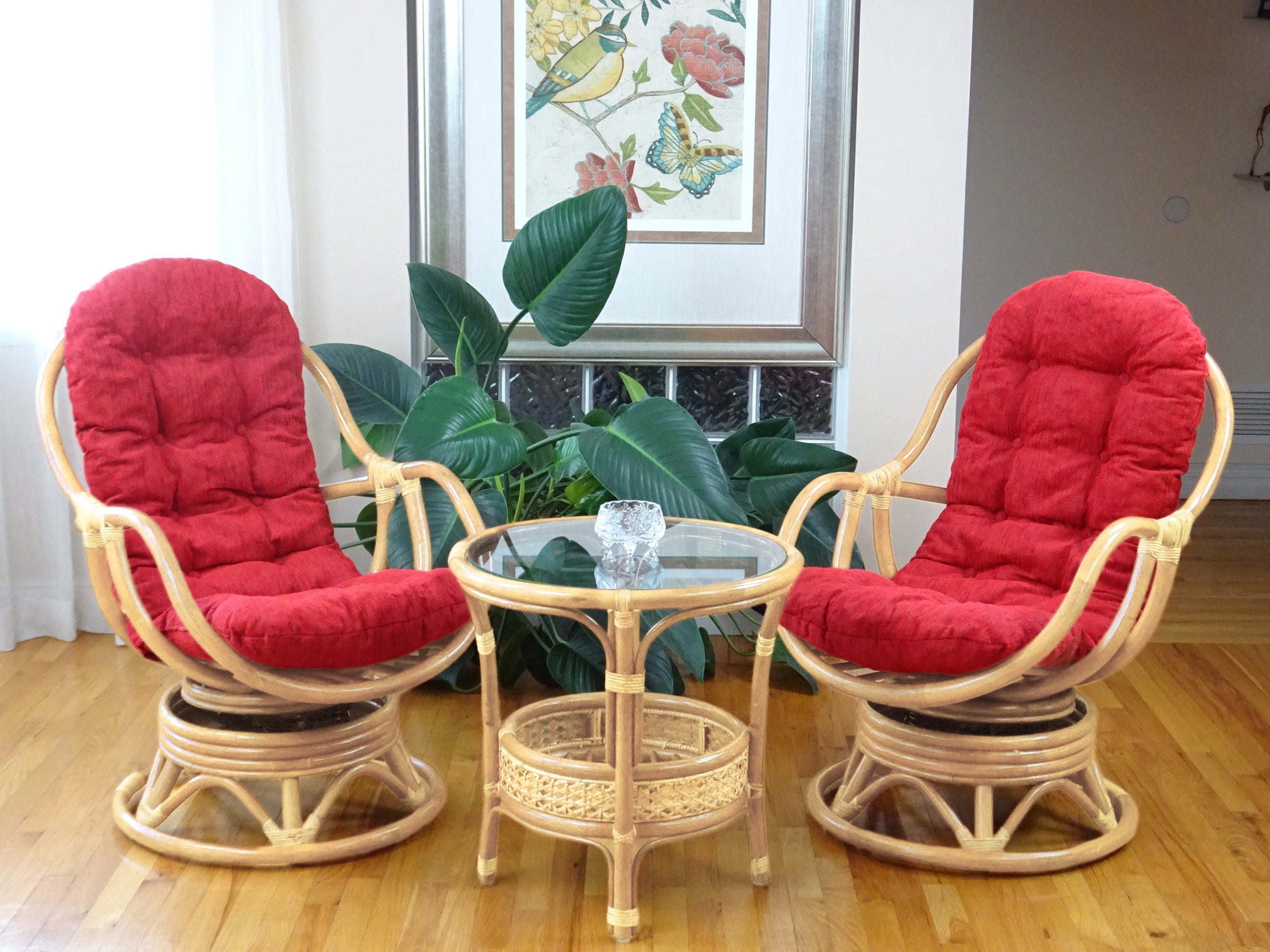 Bali Lounge Swivel Rocking Chair with Burgundy Cushion Natural Rattan Wicker Handmade, Natural Color
