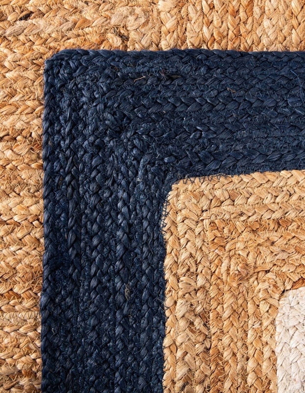 7x11Ft Beige | Navy Blue & White Jute Area Rug | Handmade | Solid Farmhouse Design | Natural Jute Rug for Living Room | Dining Room | Bedroom | Kitchen | Hallway | Entryway