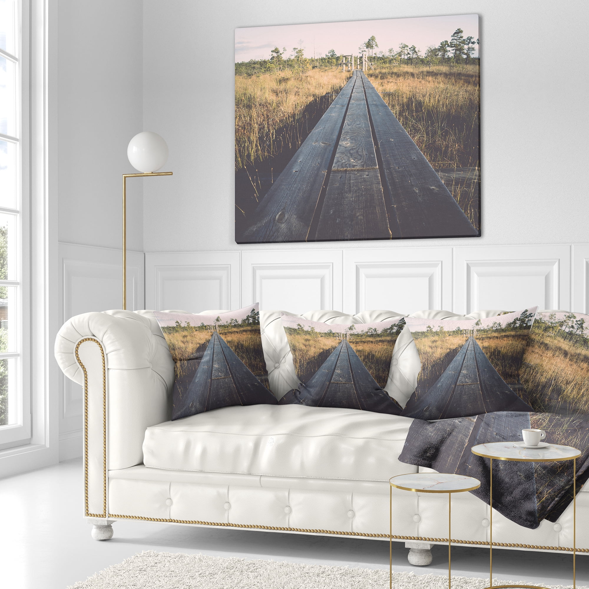 Designart Wood Footpath on the Bog in Fall - Landscape Printed Throw Pillow - 16x16
