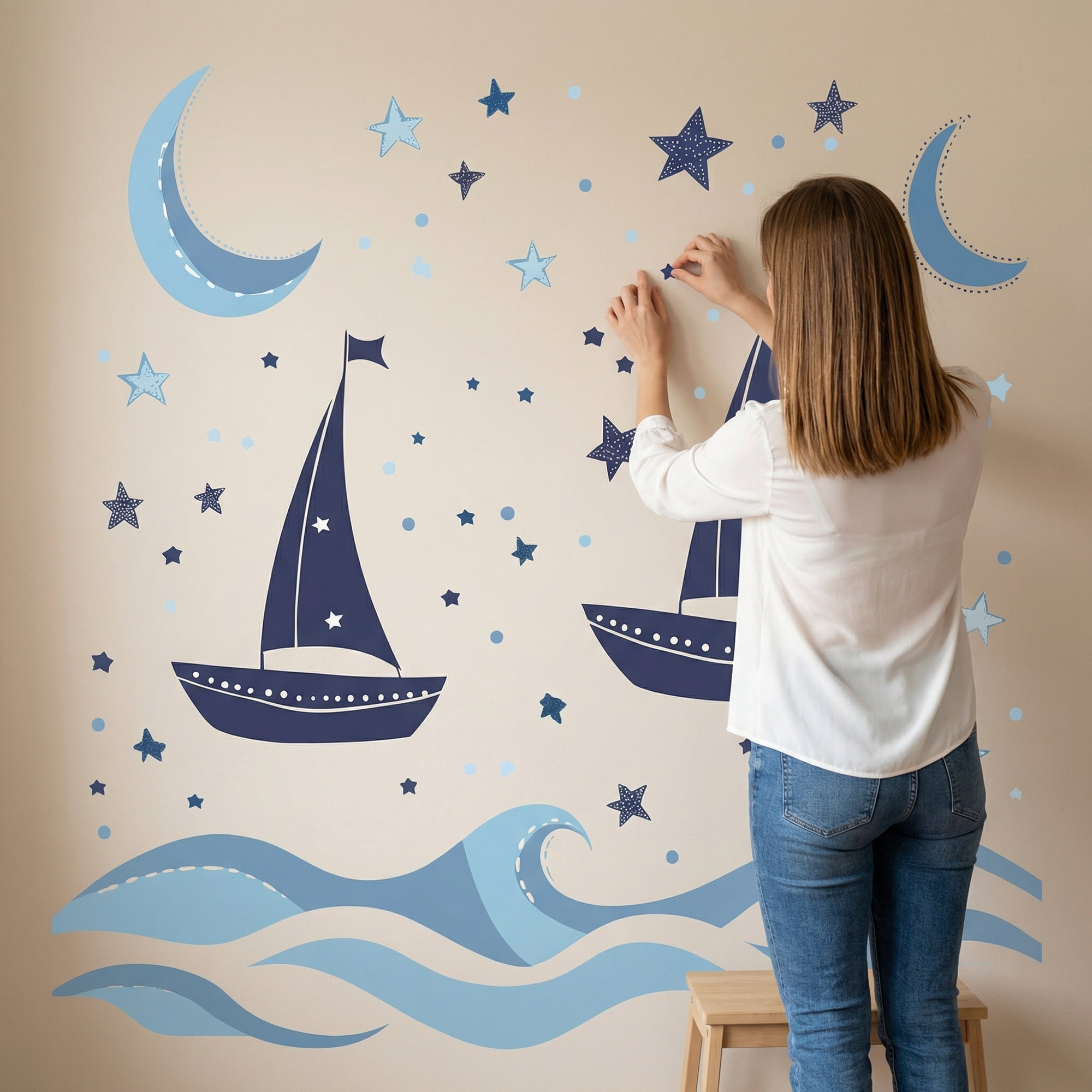Unique Bargains Nursery Wall Stickers with Waves and Sailboats Peel Blue 23.2" x 15.7"