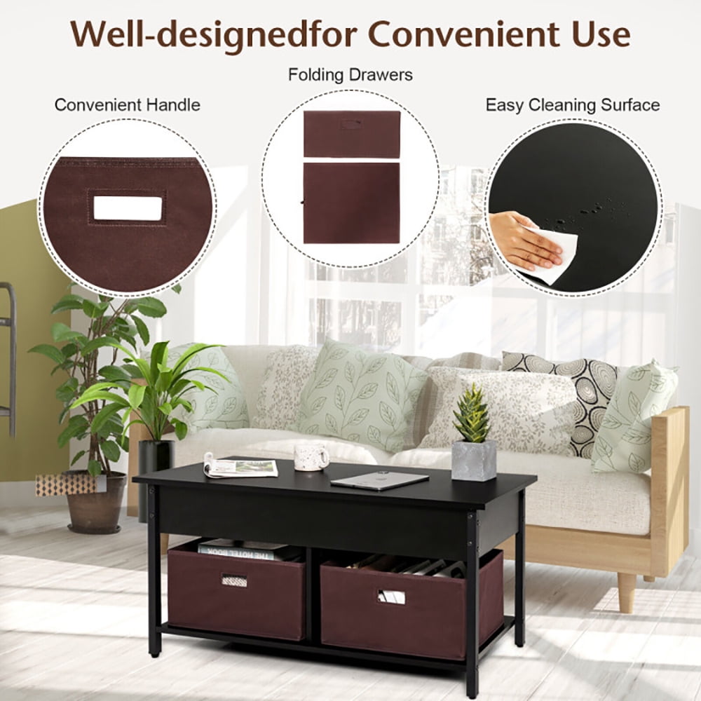 Finihen Rectangular Coffee Table, Lift Top Coffee Table, Central Table with Drawers and Hidden Compartment, for Living Room, Reception Room, Black