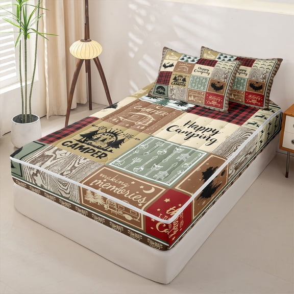 Erosebridal Happy Camping Zipper Twin Comforter Sets with Fitted Sheet and 2 Pillowcases, Camper Checkered Zipper Bedding Set, Brown Red
