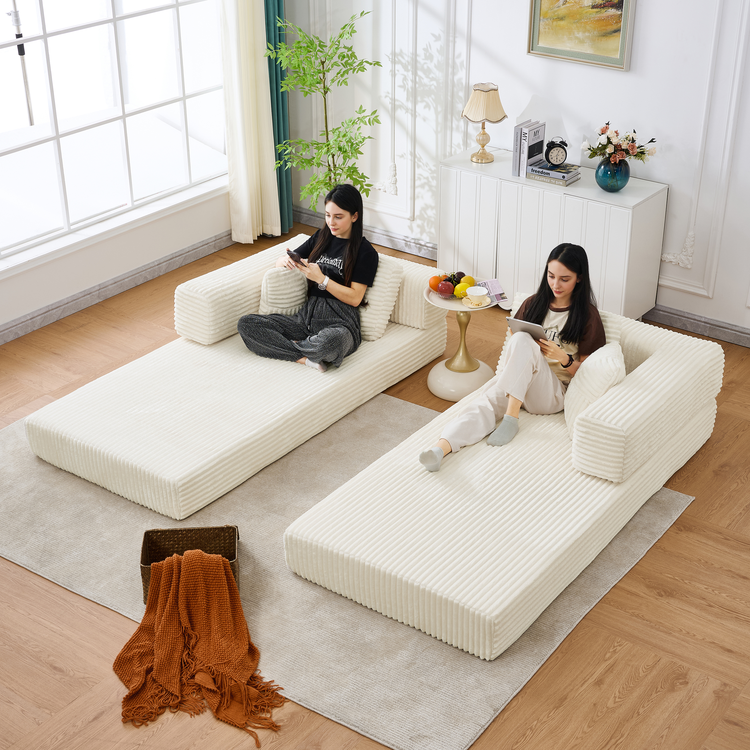 Convertible Foldable Sleeper Sofa Bed with Storage Pockets, No Assembly Folding Floor Couch with 4 Pillows, Daybed Futon, Beige Upgraded