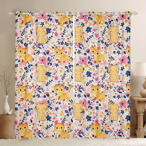 Castle Fairy Boys Girls Kawaii Cats Black Out Curtains,Cartoon Animal Curtains Pack of 2 (42x63 Each),Pink Flowers Bedroom Curtains,Breathable Home Decor