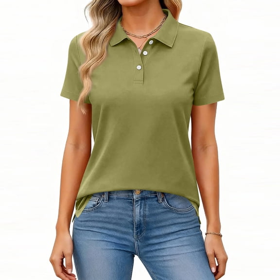 Women’s Short Sleeve Polo Shirt Classic Fit Button Down Collar Casual Solid Top for Everyday Wear Work School Army Green L