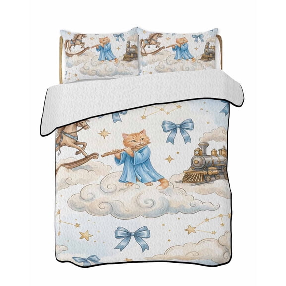 Quilts King Size Bedding Set, Cartoon Cute Cat Lightweight Quilted Comforter, Blue Bow Knot Train Cloud Star Funny Soft Reversible Bedspread Coverlet with Pillow Covers for All Season, 96" x 106"