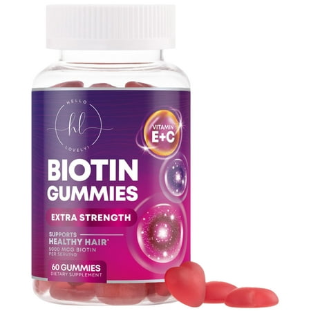 Hair Vitamins Gummies with Biotin 5000 mcg per Serving - Hair Growth Support with Vitamins E & C for Thicker, Stronger & Beautiful Hair - Hair Skin and Nails Vitamin, Gluten Free - 60 Gummies