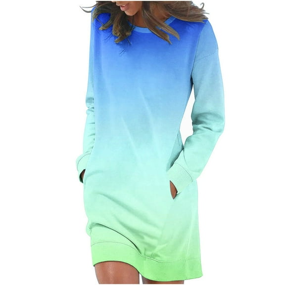 Npasoilc Fall Dresses for Women Long Sleeve Round Neck Holiday Outing Sweatshirts Dress Gradient Color Casual Loose Hoodie Dresses with Pockets