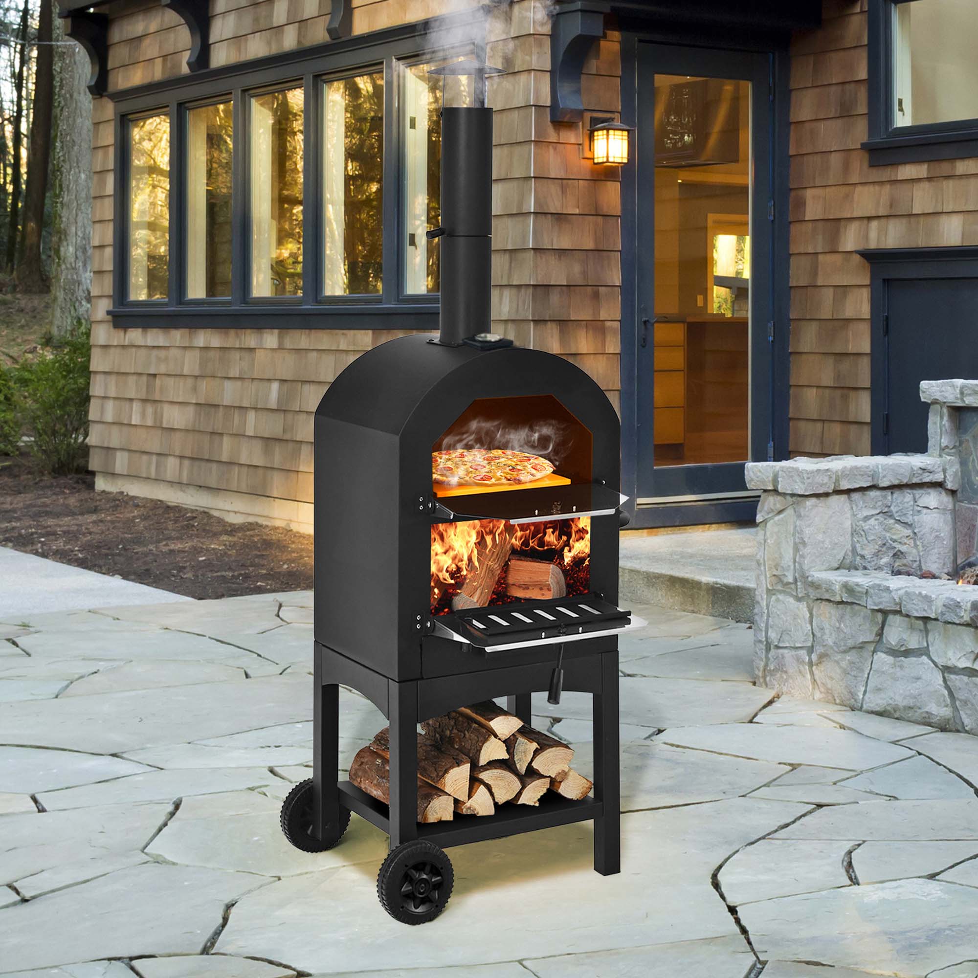Costway 2-Layer Wood-Fired Pizza Oven – Outdoor, W/ Waterproof Cover – 21.5x12x28in