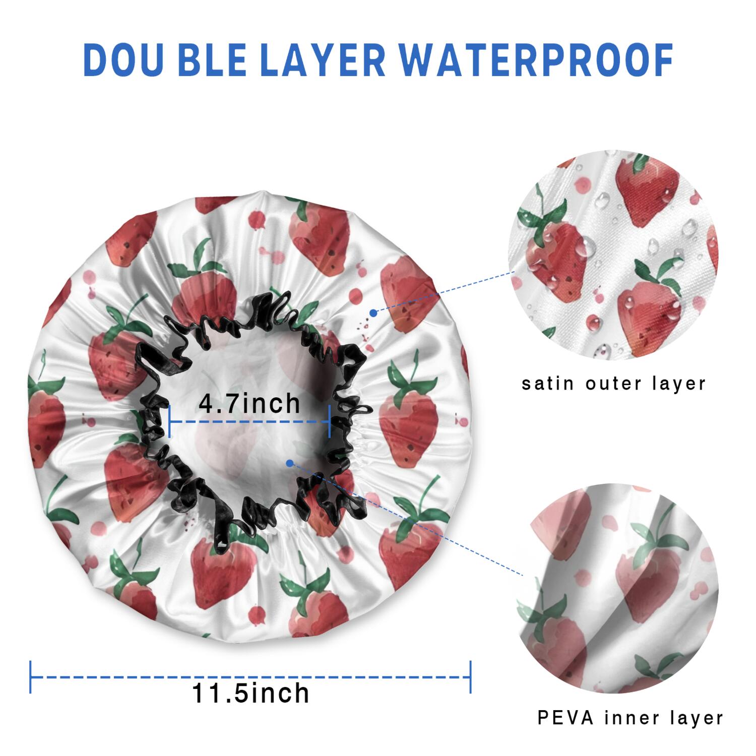 Shower Caps,Strawberry Plants Fruit Watercolor Waterproof Shower Cap for Women 4 Pieces,Double Reusable Hair Cover for Shower PEVA Elastic Stretch Hem