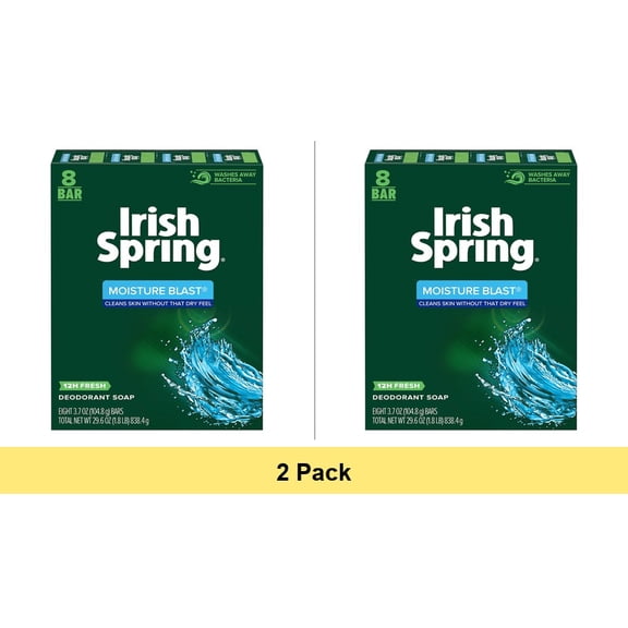 Irish Spring Deodorant Bar Soap Moisture Blast with HydroBeads, 4 oz bars - 2 Pack (8 bars total)