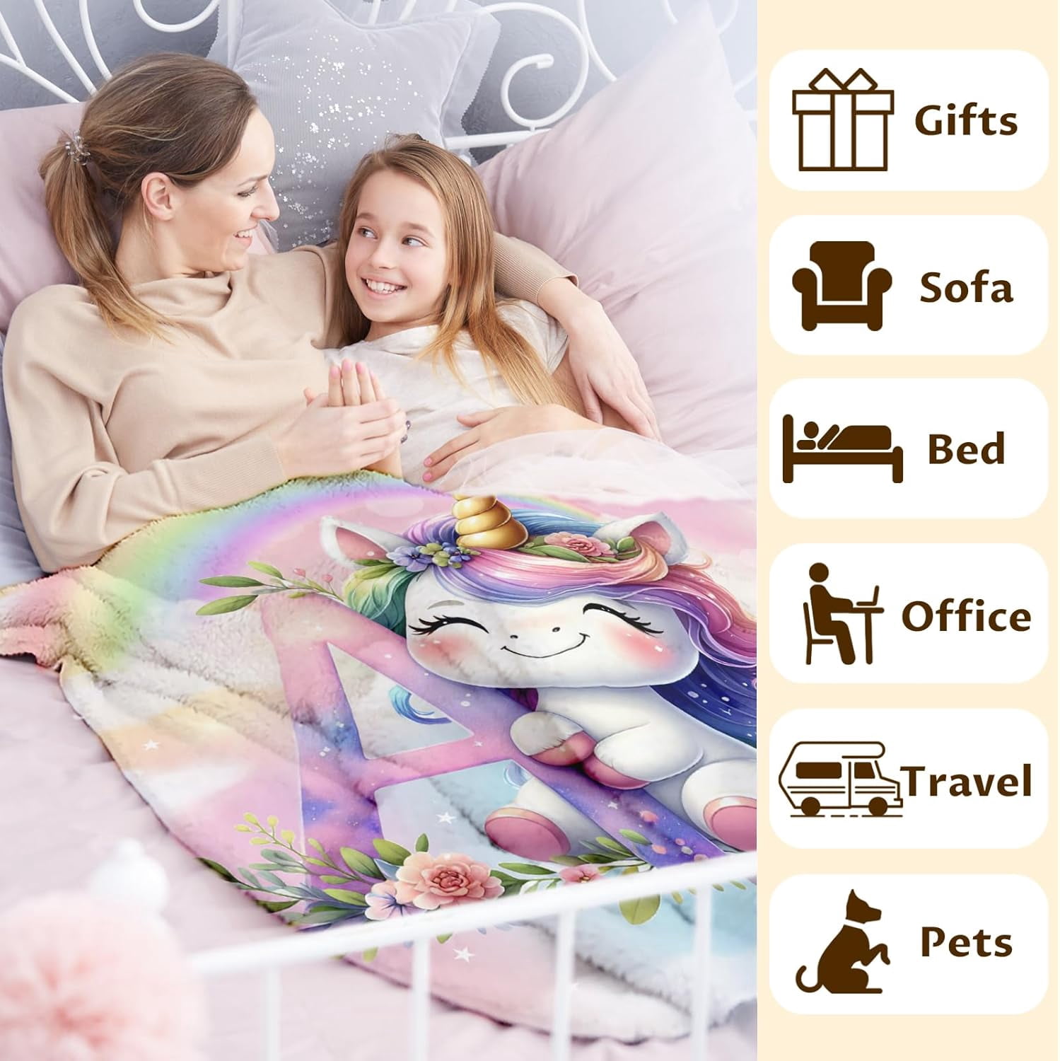 Unicorn Blanket for Girls, Custom Initial Blanket, 50 x 40 Inches Warm Lightweight Blanket for Unicorn Lovers, Cozy Pink Warm Flannel Throw Blanket Bed Sofa Room Decor, Camping, Travel