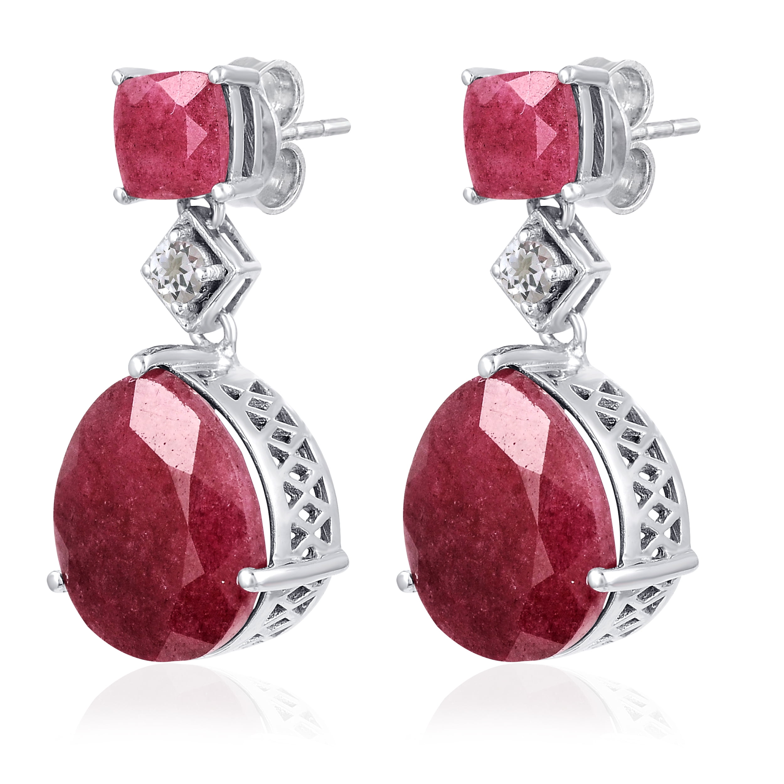 Beautiful Garnet /& White Topaz Sterling Silver Drop Dangle Round Earrings