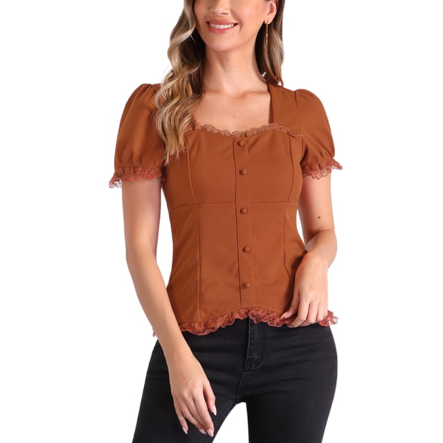 CAMISA VICTORIANA INSPIRADORA DEL DÍA DE LA MADRE PARA MUJERES CON ESCOTE EN CORAZÓN Y MANGAS ABULLONADAS, BLUSA GÓTICA CON LACITOS EN HALLOWEEN TALLA M CARAMELO