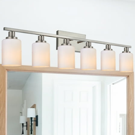 Melucee Modern Bathroom Light Fixtures, 6 Light Vanity Lights, Brushed Nickel Wall Lamp with White Glass for Bathroom