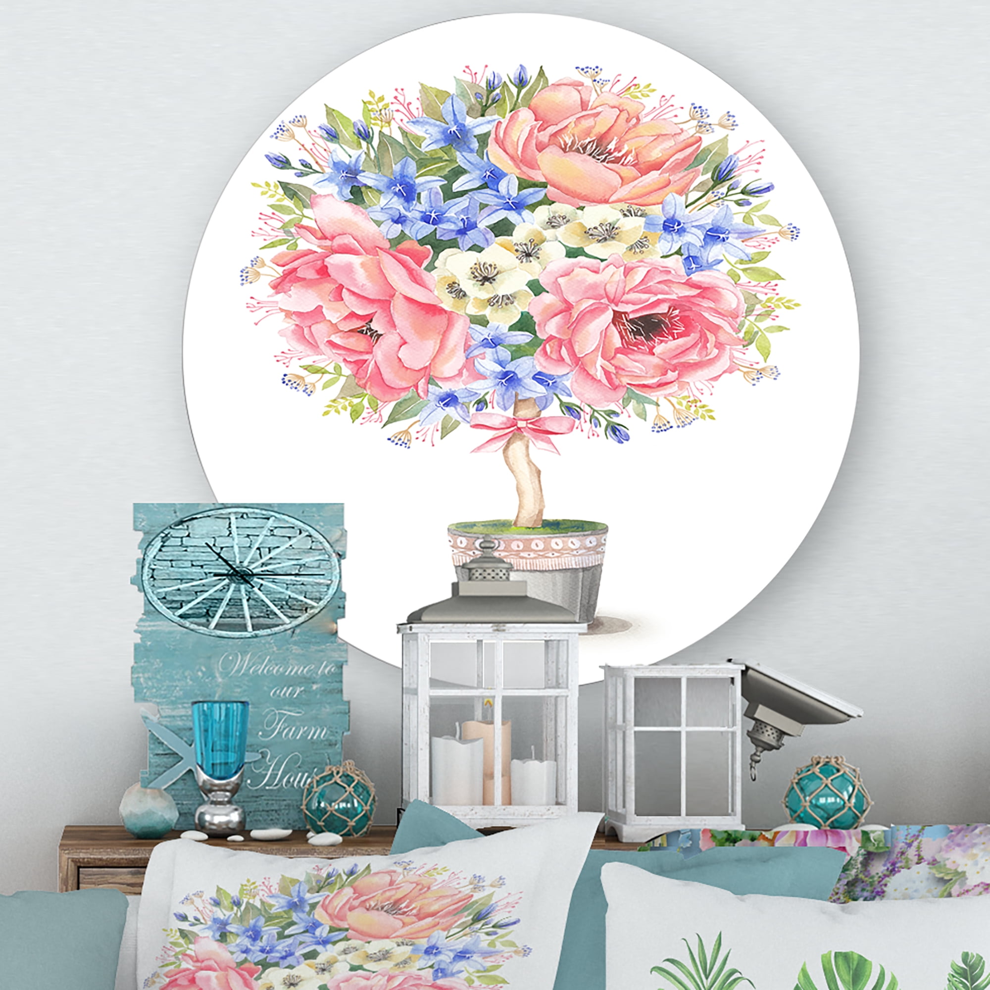 Designart 'A Bow With Flower Tree In A Pot' Farmhouse Circle Metal Wall Art 11x11 - Disc of 11