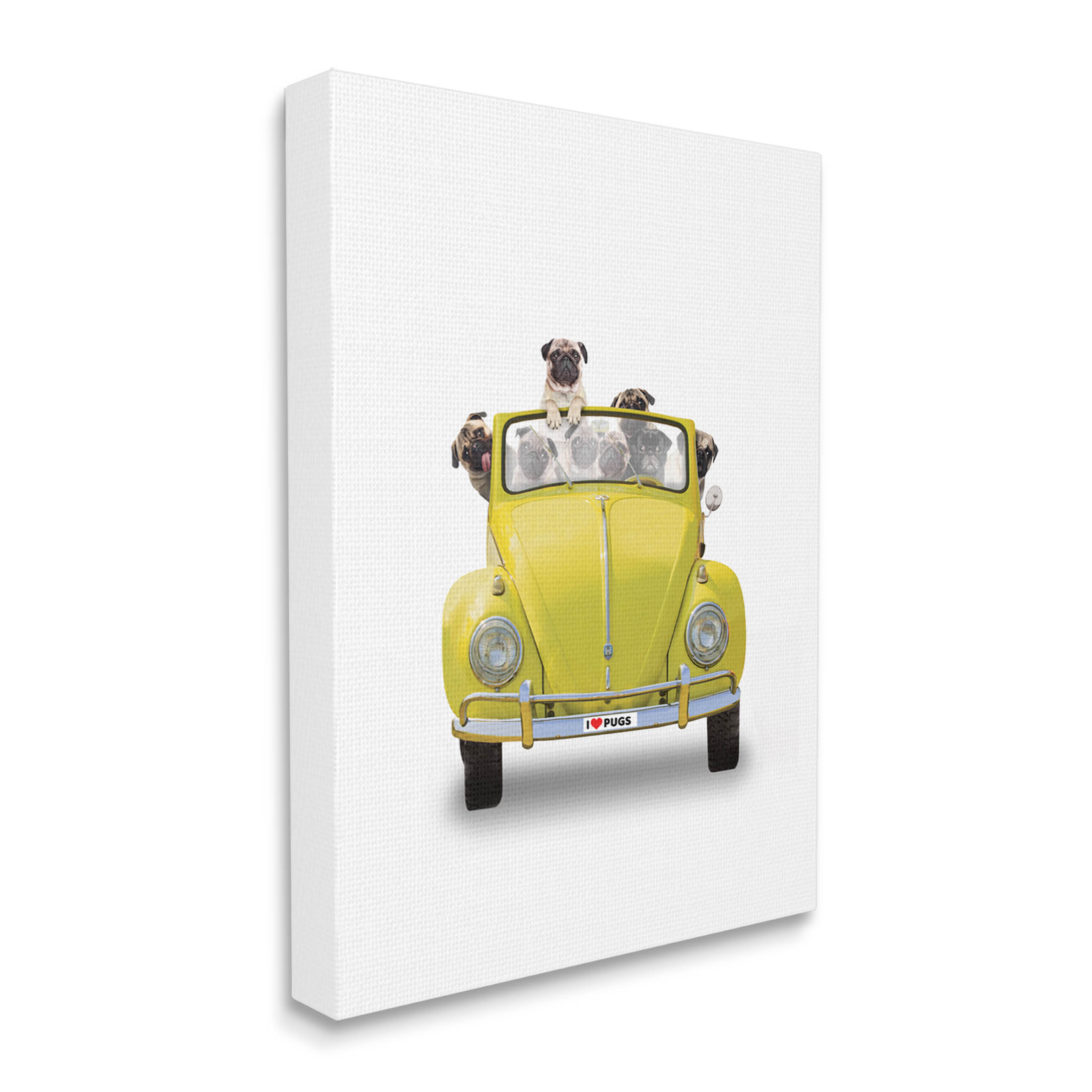 Yellow Antique Car Love Pugs Animals & Insects Graphic Art Gallery Wrapped Canvas Print Wall Art
